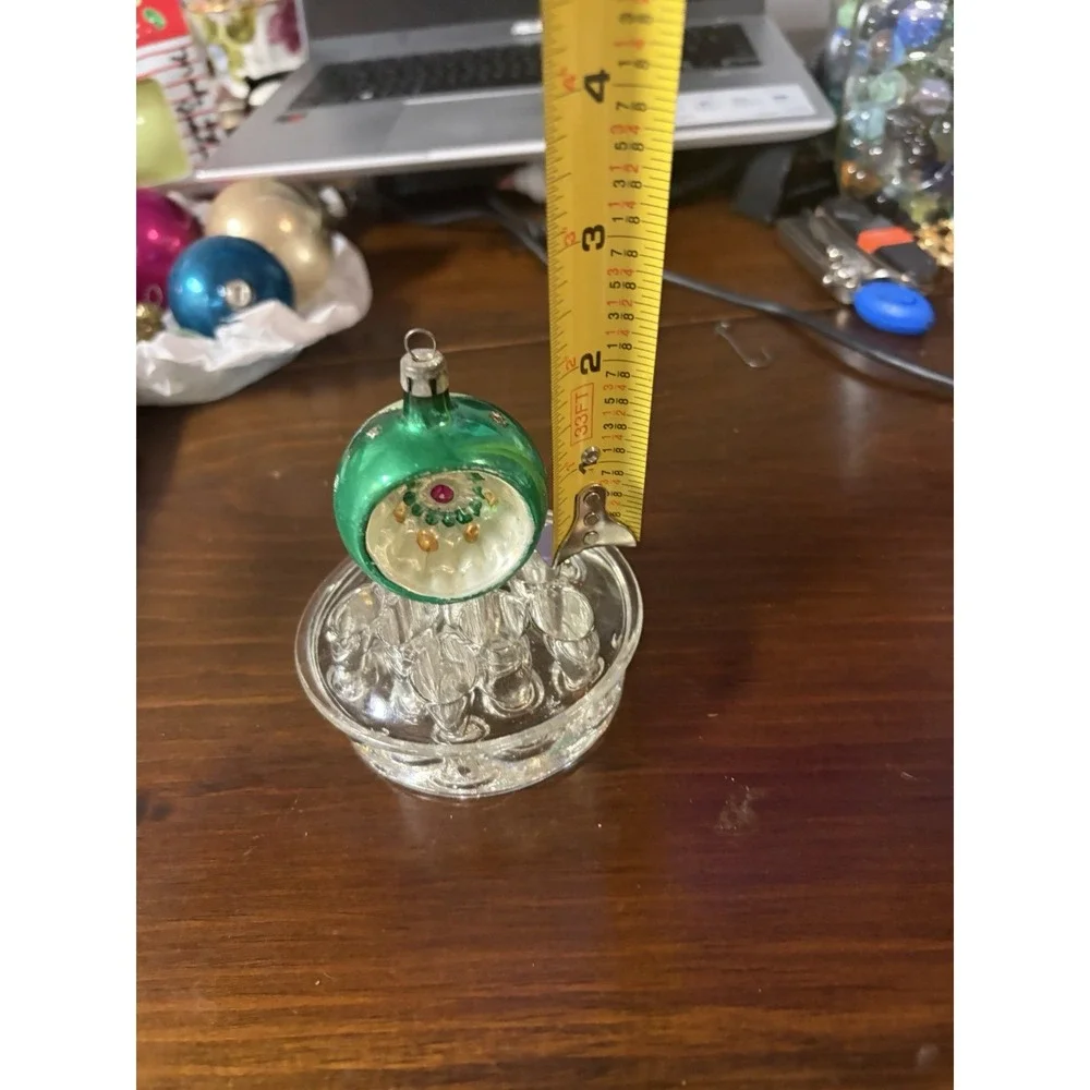 Vintage Japan Glass Indent Reflector Christmas Ornament Green Floral MCM 2